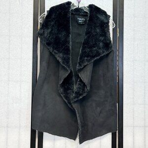 Twelfth Love Reversible Shawl Collar Vest Black M Faux Fur, Suede, Ribbed Knit